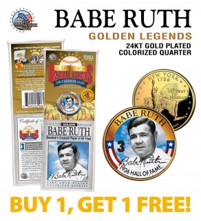 BABE RUTH Golden Legends 24K Gold Plated State Quarter US Coin - BUY 1 GET 1 FREE - bogo