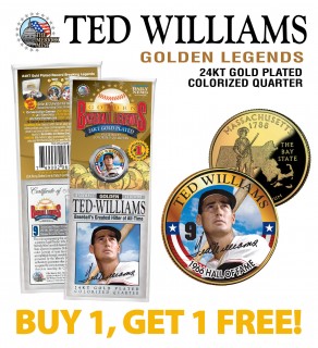 TED WILLIAMS Golden Legends 24K Gold Plated State Quarter US Coin - BUY 1 GET 1 FREE - bogo
