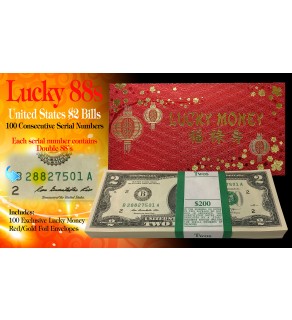 Chinese Lunar New Year Lucky Money $2 Bills BEP Pack of 100 Consecutive - All Double 88 Serial #’s 