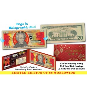 2018 Chinese New Year - YEAR OF THE DOG - Red Hologram Legal Tender U.S. $20 BILL - LIMITED & NUMBERED of 88