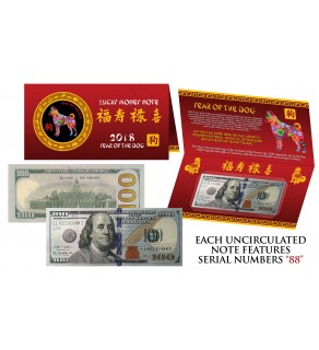 2018 CNY Chinese YEAR of the DOG Lucky Money S/N 88 U.S. $100 Bill w/ Red Folder