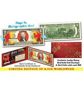 2018 Chinese New Year - YEAR OF THE DOG - Red Hologram Legal Tender U.S. $2 BILL - $2 Lucky Money with Red Envelope - LIMITED & NUMBERED of 2,018 Worldwide