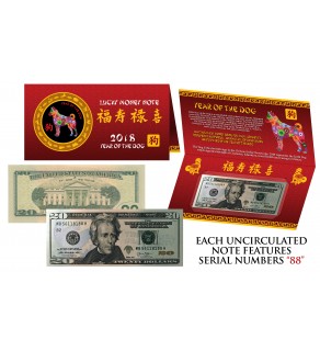 2018 CNY Chinese YEAR of the DOG Lucky Money S/N 88 U.S. $20 Bill w/ Red Folder