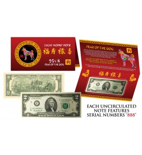 2018 CNY Chinese YEAR of the DOG Lucky Money S/N 888 U.S. $2 Bill w/ Red Folder