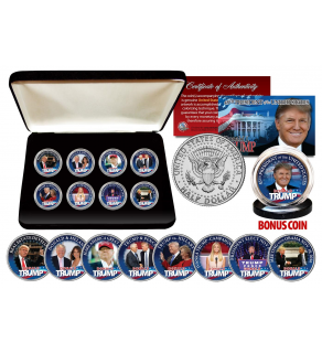 DONALD TRUMP Official JFK Kennedy Half Dollars ULTIMATE 8-Coin Set with Premium Display BOX & BONUS 45th President Trump JFK Coin 