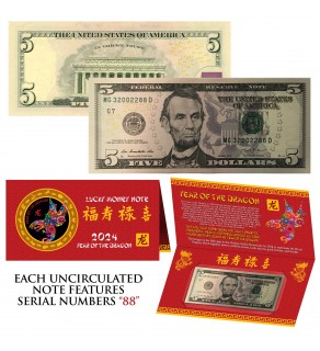 2024 CNY Chinese YEAR of the DRAGON Lucky Money S/N 88 U.S. $5 Bill w/ Red Folder