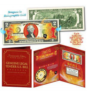 2024 Chinese New Year - YEAR OF THE DRAGON - Gold Hologram Legal Tender U.S. $2 BILL in Large Collectors Folio Display