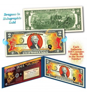 2024 Chinese New Year - YEAR OF THE DRAGON - Gold Hologram Legal Tender U.S. $2 BILL - $2 Lucky Money with Blue Folio