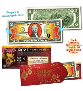 2024 Chinese New Year - YEAR OF THE DRAGON - Gold Hologram Legal Tender U.S. $2 BILL - $2 Lucky Money with Red Envelope