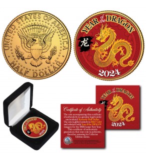 2024 Chinese New Year * YEAR OF THE DRAGON * 24K Gold Plated JFK Kennedy Half Dollar Coin with DELUXE BOX