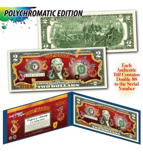 2024 Chinese New Year * YEAR OF THE DRAGON * POLYCHROMATIC 8 COLORIZED DRAGONS Genuine Legal Tender U.S. $2 BILL - $2 Lucky Money with Blue Folio