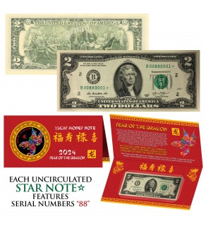 STAR NOTE 2024 CNY Year of the DRAGON Lucky Money U.S. $2 Bill w/ Red Folder S/N 88
