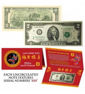 2024 CNY Chinese YEAR of the DRAGON Lucky Money S/N 888 U.S. $2 Bill w/ Red Folder