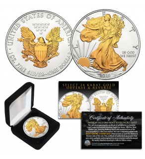 2019 American Silver Eagle Uncirculated 1 oz. One Ounce U.S. Coin with SELECT 24KT Gold Gilded Highlights on Both Sides (with BOX)