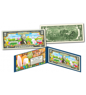 HAPPY EASTER Bunnies Holiday Colorized Legal Tender U.S. $2 Bill with Certificate and Folio 