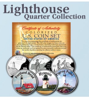 Historic American - LIGHTHOUSES - Colorized US Statehood Quarters 3-Coin Set #4 - Portland Head (ME) Hyannis (MA) Pigeon Point (CA)