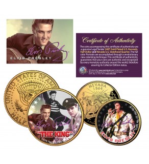 ELVIS PRESLEY " The King " Nevada Quarter & JFK Half Dollar 2-Coin Set 24K Gold Plated - Officially Licensed