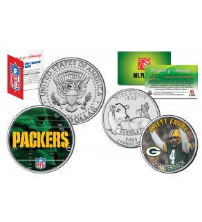 Green Bay Packers BRETT FAVRE 2-Coin Set U.S. Wisconsin Quarter & JFK Half Dollar - NFL Officially Licensed