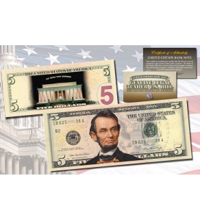 LINCOLN MEMORIAL NIGHT VERSION Genuine Legal Tender COLORIZED 2-Sided $5 US Bill