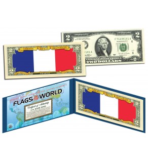 FRANCE - Official Flags of the World Genuine Legal Tender U.S. $2 Two-Dollar Bill Currency Bank Note
