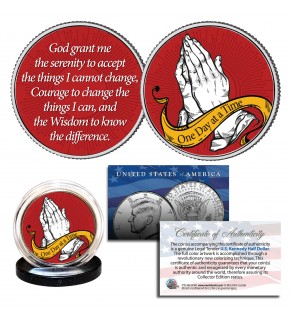 PRAYING HANDS Serenity Prayer One Day at a Time Genuine 2-Sided JFK Kennedy Half Dollar U.S. Holy Spirit Coin