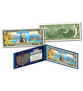 HAPPY HANUKKAH Festival of Lights Official Holiday Colorized Legal Tender U.S. $2 Bill  with Certificate and Folio 