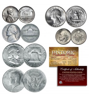 Original Old U.S. Silver Coins 6 Coin Set of Historic Circulating Coins WARTIME - Lincoln WWII Wheat Steel Cent, Jefferson Wartime Nickel, Roosevelt Dime, Washington Quarter, Franklin Half Dollar, Kennedy Half Dollar all in Capsules with Certificate