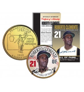 ROBERTO CLEMENTE - Hall of Fame - Legends Colorized Pennsylvania State Quarter 24K Gold Plated Coin