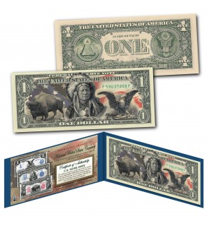 Americana Images of Historical U.S. Currency  Genuine Legal Tender $1 Bill - Black Eagle / Buffalo Bison / Indian Chief