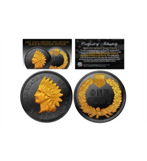 Black RUTHENIUM Original INDIAN HEAD Cent Pennies U.S. Genuine Legal Tender Coin with 2-Sided 24KT Gold Clad Highlights on Obverse and Reverse