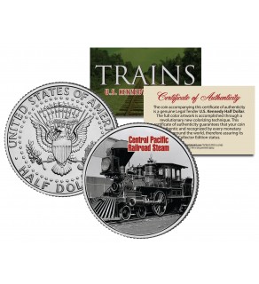 CENTRAL PACIFIC RAILROAD STEAM - Famous Trains - JFK Kennedy Half Dollar U.S. Colorized Coin