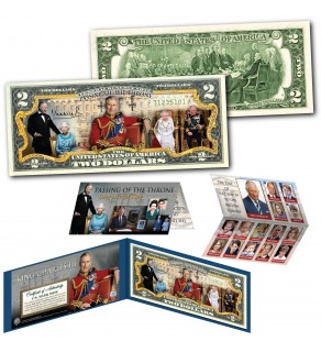 KING CHARLES III & QUEEN ELIZABETH II Passing Of The Throne Genuine Legal Tender U.S. $2 Bill with Special Line of Succession Expandable Certificate