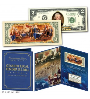Declaration of Independence 2-Sided Colorized Genuine Legal Tender U.S. $2 Bill in Large Collectors Folio Display 