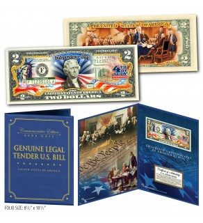 July 4th Independence Day 2-Sided Colorized Genuine Legal Tender U.S. $2 Bill in Large Collectors Folio Display 