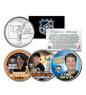 MARIO LEMIEUX - ROY - Champion - MVP - Colorized Pennsylvania State Quarter US 3-Coin Set - Officially Licensed