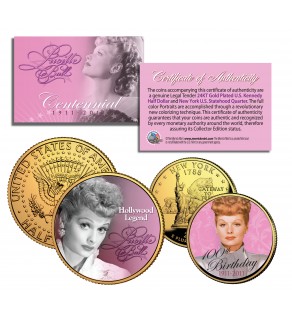 LUCILLE BALL 100th Birthday NY Quarter & JFK Half Dollar 2-Coin Set I LOVE LUCY 24K Gold Plated - Officially Licensed