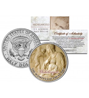 MICHELANGELO - THE MADONNA OF THE STAIRS - Jesus Christ Statue Sculpture Colorized JFK Kennedy Half Dollar U.S. Coin