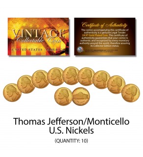 Thomas Jefferson 1970's 1980's 1990's U.S. NICKELS Uncirculated 24KT Gold Plated - QTY 10