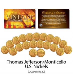 Thomas Jefferson 1970's 1980's 1990's U.S. NICKELS Uncirculated 24KT Gold Plated - QTY 20