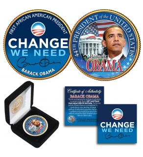 BARACK OBAMA " Change We Need " 24K Gold Plated 2-Sided JFK Kennedy Half Dollar US Colorized Coin with Display Box - Lot of 3