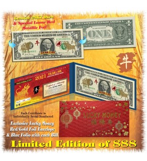 24KT GOLD 2021 Chinese New Year - YEAR OF THE OX - Legal Tender U.S. $1 BILL * Limited & Numbered of 888