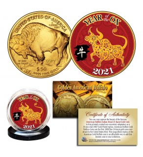 2021 Chinese New Year * YEAR OF THE OX * 24 Karat Gold Plated $50 American Gold Buffalo Indian Tribute Coin