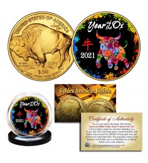 2021 Chinese New Year * YEAR OF THE OX * 24 Karat Gold Plated $50 American Gold Buffalo Indian Tribute Coin - PolyChrome