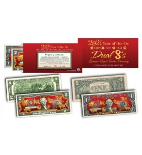 2021 YEAR OF THE OX $1 & $2 Chinese New Year Lucky Money Set - DUAL 8’s GOLD MATCHING OXEN in Premium RED LUNAR ENVELOPE – Limited & Numbered of 8,888 Sets Worldwide