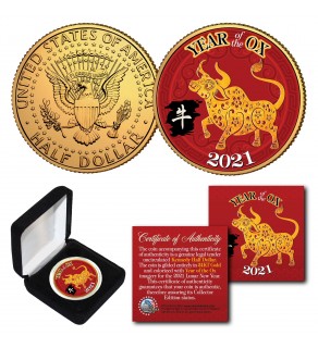 2021 Chinese New Year * YEAR OF THE OX * 24K Gold Plated JFK Kennedy Half Dollar Coin with DELUXE BOX