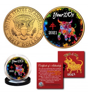 2021 Chinese New Year * YEAR OF THE OX * 24K Gold Plated JFK Kennedy Half Dollar U.S. Coin - PolyChrome