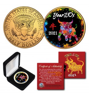 2021 Chinese New Year * YEAR OF THE OX * 24K Gold Plated JFK Kennedy Half Dollar Coin with DELUXE BOX - PolyChrome