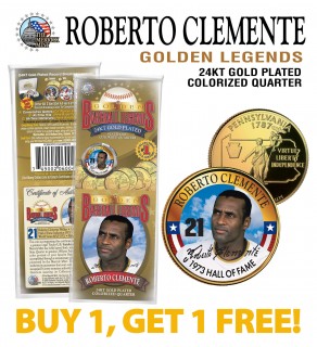 ROBERTO CLEMENTE Golden Legends 24K Gold Plated State Quarter US Coin - BUY 1 GET 1 FREE - bogo