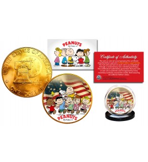 1976 PEANUTS Snoopy 24K Gold Plated IKE Dollar Coin * Betsy Ross Flag * Background