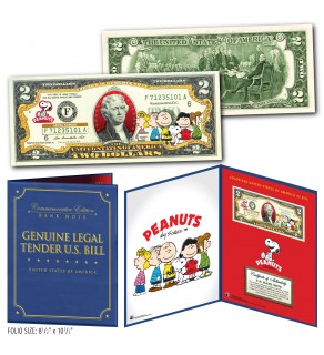 PEANUTS - Charlie Brown & Gang Genuine Legal Tender U.S. $2 Bill in Large Collectors Folio Display 